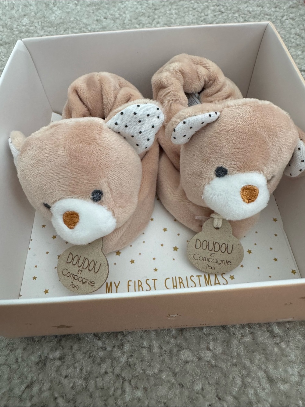 Beige Bear Baby Slippers - My First Christmas